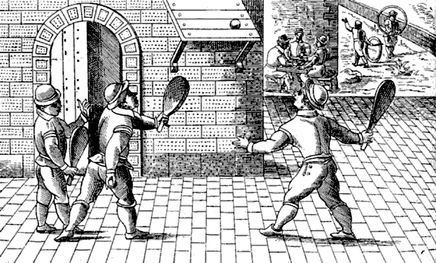 Giuoco alla palla col tamburello, al cerchio ed agli scacchi, da una stampa del secolo XVII.