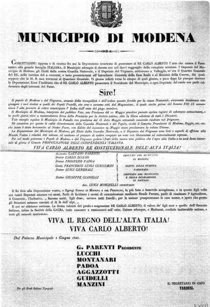 Proclama del Municipio di Modena del 1 giugno 1848.