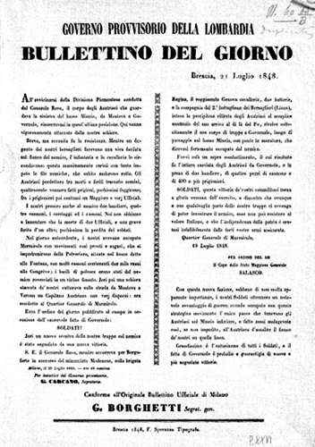 Bollettino del giorno del GOVERNO PROVVISORIO DELLA LOMBARDIA, pubblicato a Brescia il 21 luglio 1848.