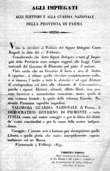 Avviso ai cittadini della provincia di Parma, 4 febraio 1849.