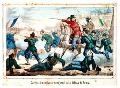 Garibaldi e i suoi volontari sostengono la Repubblica Romana.