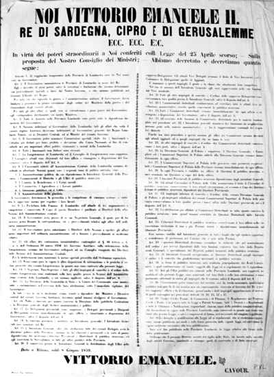 Decreto di Vittorio Emanuele II che regola la fusione delle province lombarde con il Regno di Sardegna, 8 giugno 1859.