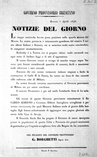 Notizie del giorno del Governo Provvisorio Bresciano, 5 aprile 1848.