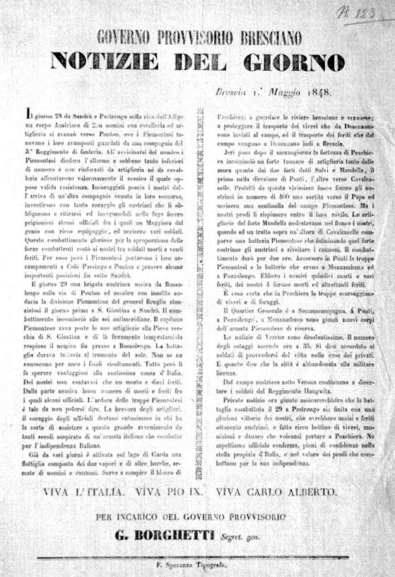Notizie del giorno del Governo Provvisorio Bresciano, 1 maggio 1848.