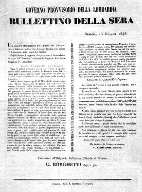 BULLETTINO DELLA SERA DEL GOVERNO PROVVISORIO DELLA LOMBARDIA, Brescia 15 giugno 1848.
