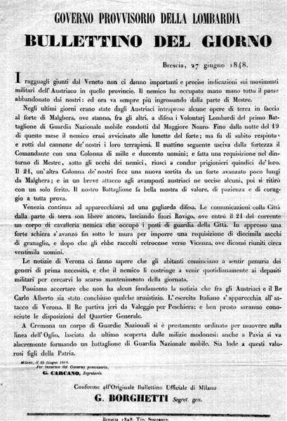 BULLETTINO DEL GIORNO DEL GOVERNO PROVVISORIO DELLA LOMBARDIA, Brescia 27 giugno 1848.