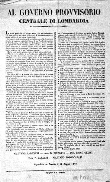 Manifesto del Governo Provvisorio Centrale di Lombardia, riprodotto in Brescia il 13 luglio 1848.