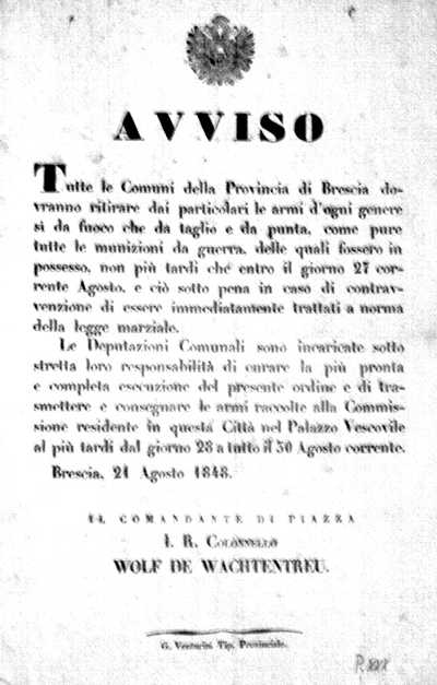 Avviso del Comandante di Piazza, Brescia 21 agosto 1848.