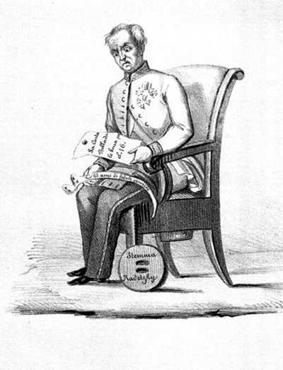 Radetzky seduto su una "comoda" (per espletazione bisogni fisiologici) con in mano la carta bollata e il cinto erniario (con la scritta "65 anni di fedele servizio).
