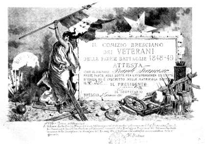 Attestato del Comizio Bresciano dei Veterani delle Patrie Battaglie 1848-1849.
