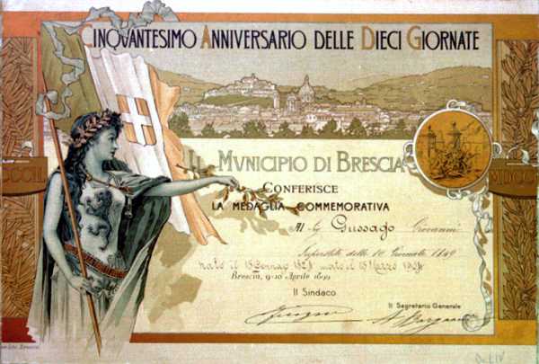 Diploma di conferimento della medaglia commemorativa ai combattenti superstiti delle X giornate del 1849 in occasione del cinquantesimo anniversario dell'insurrezione.