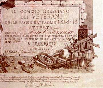 Dettaglio dell' attestato del Comizio Bresciano dei Veterani delle Patrie Battaglie 1848-1849.
