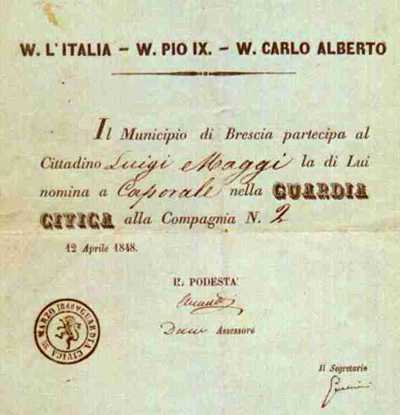 Lettera di nomina a Caporale della Guardia civica di Brescia, 1848.