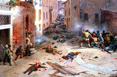 "Combattimento in Via delle Consolazioni" - Dettaglio a sinistra - Faustino Joli (Brescia 1814-1876) - olio su tela cm. 32,5 X 40,5.