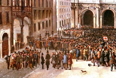 "Il popolo radunato in Piazza Vecchia" - Dettaglio a sinistra - Faustino Joli (Brescia 1814-1876) - olio su tela cm. 32,5 X 40,5.