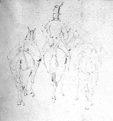 Militare in sella, visto di spalle con tre cavalli.