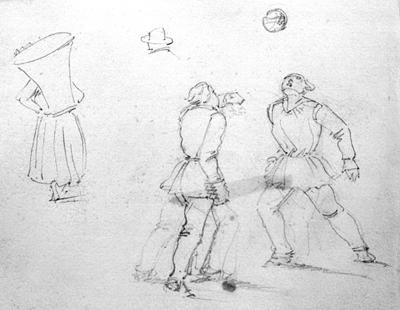 Giovani che giocano a pallone e figura femminile di spalle con gerla.