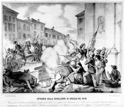 Stampa raffigurante i combattimenti in contrada Bruttanome, alla barricata di San Barnaba (attuale Corso Magenta)