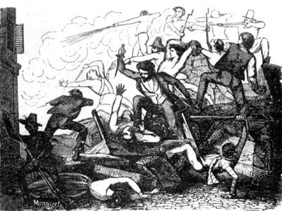 Rappresentazione di un combattimento su una barricata, da un almanacco popolare del 1853.