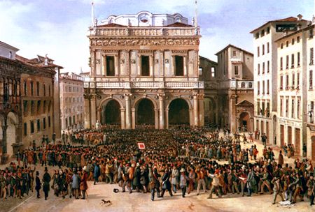 Dettaglio centrale del dipinto ad olio di Faustino Joli "Il popolo proclama la continuazione della insurrezione, 31/3/1849"