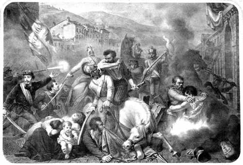 Stampa che sintetizza alcuni episodi salienti dell'insurrezione bresciana del 1849